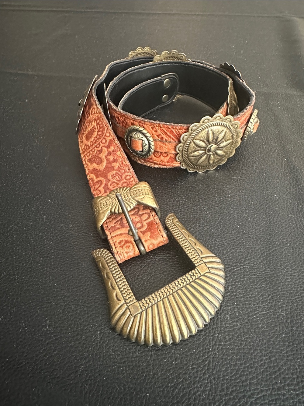 Lucky Brand Tan Paisley Belt with Antique Brass Conchos